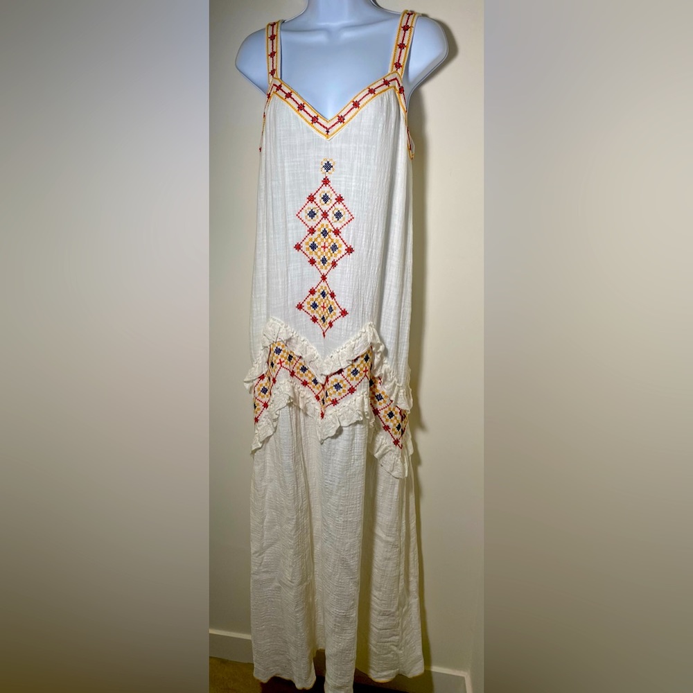 Max Studio White Maxi Dress with Red and Yellow Accents